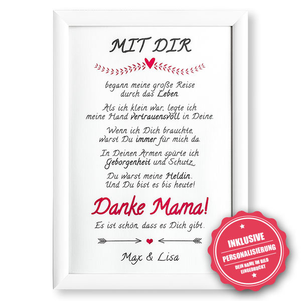 Danke Mama! Bild personalisiert mit Deinem Namen 1 Bilderrahmen für Mama in weiß und schwarz