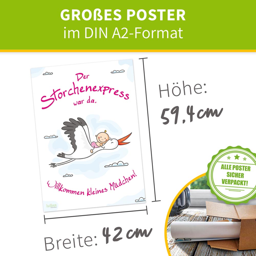 Poster zur Geburt - MÄDCHEN - Willkommen Baby - Größe 42 x 59,4 cm 2 Großes Poster in DIN A2 Format wird gerollt geliefert