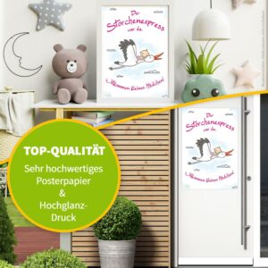 Poster zur Geburt - MÄDCHEN - Willkommen Baby - Größe 42 x 59,4 cm 9 Poster an Haustür Plakat in Bilderrahmen Beispielanwendung Storchenexpressposter