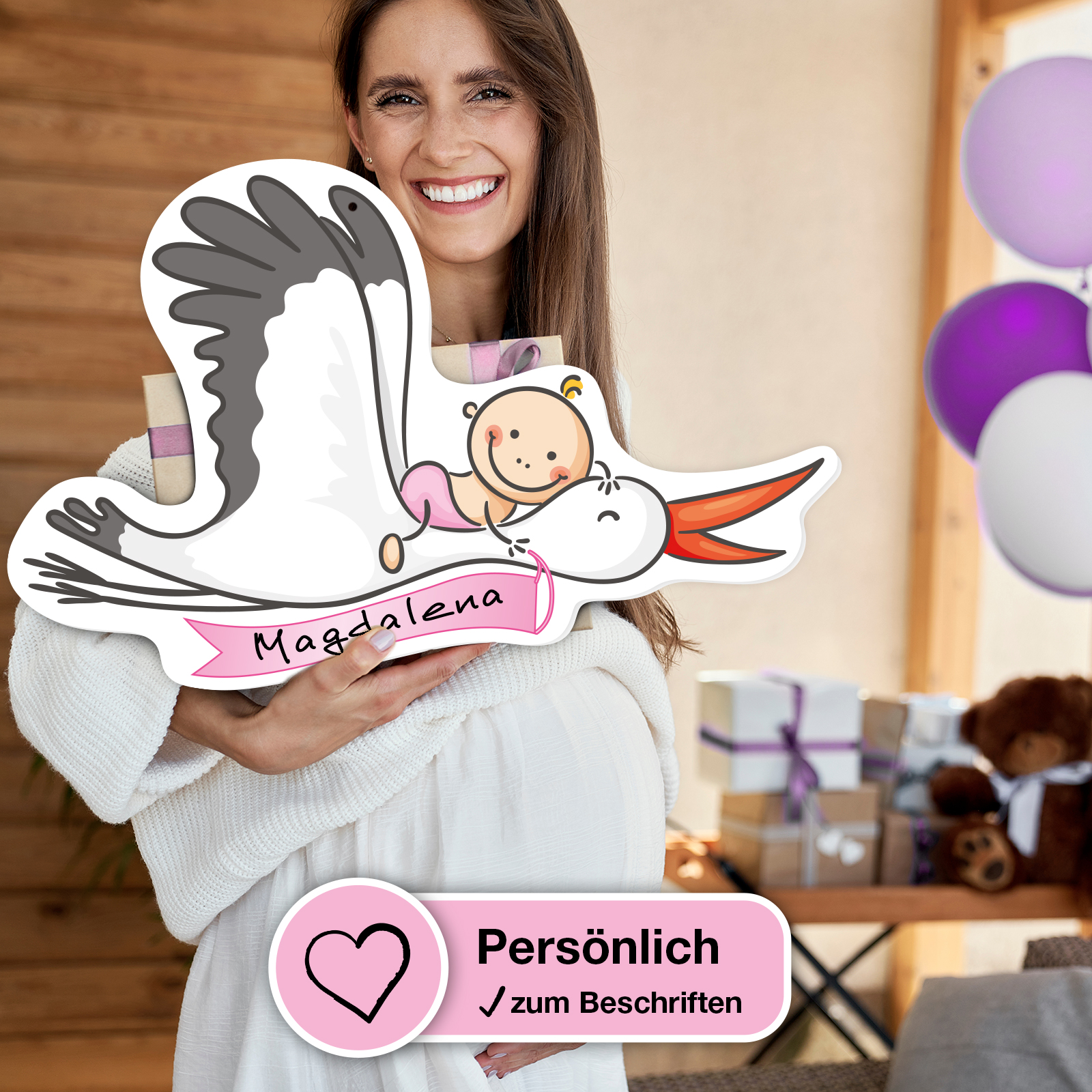 Storch zur Geburt - MÄDCHEN - 5-teiliges Set 4 Storch zur Geburt rosa beschreibbar aufhängen