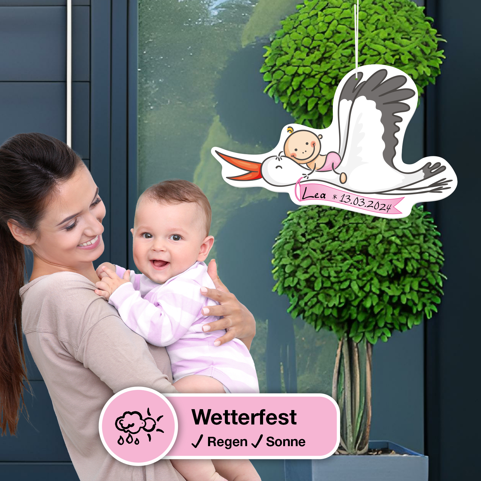 Storch zur Geburt - MÄDCHEN - 5-teiliges Set 7 Storch zur Geburt rosa beschreibbar aufhängen