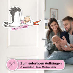 Storch zur Geburt - MÄDCHEN - 5-teiliges Set 12 Storch zur Geburt rosa beschreibbar Klapperstorch