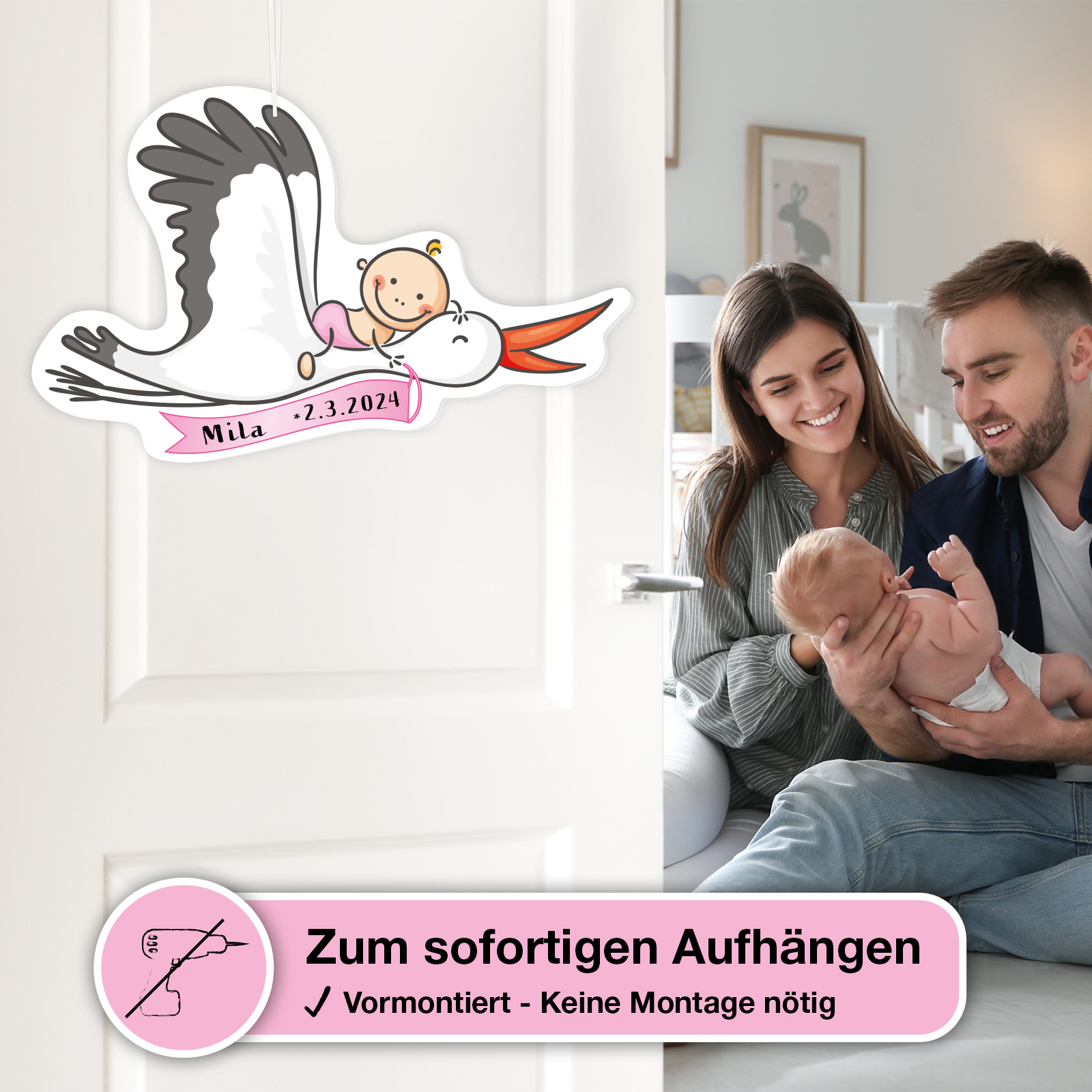 Storch zur Geburt - MÄDCHEN - 5-teiliges Set 6 Storch zur Geburt rosa beschreibbar Klapperstorch