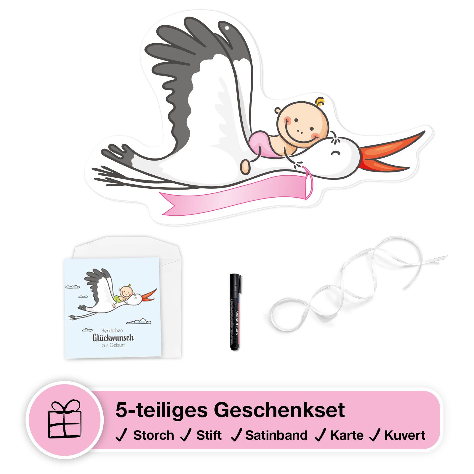 Storch zur Geburt - MÄDCHEN - 5-teiliges Set 2 Klapperstorch zur Geburt