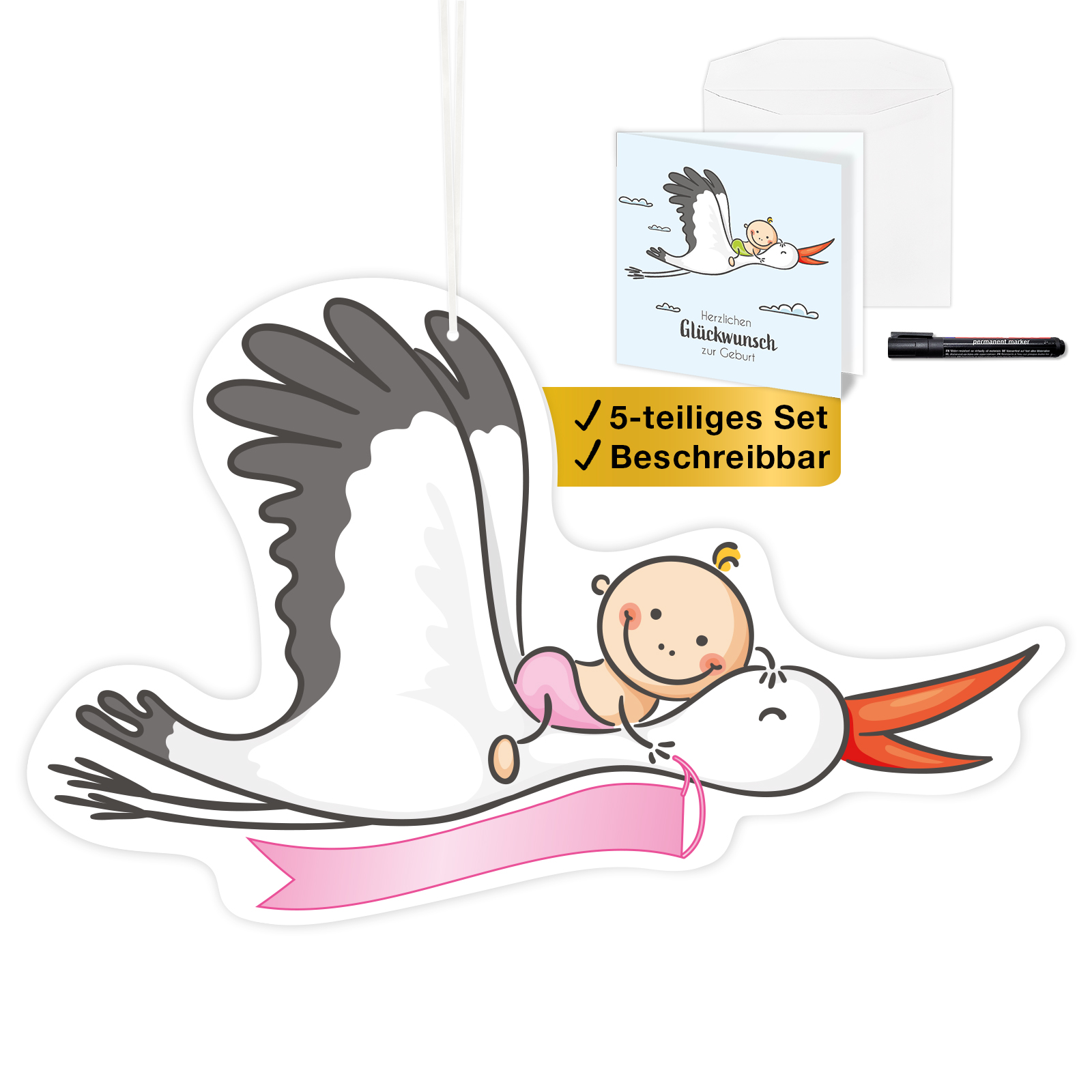 Storch zur Geburt - MÄDCHEN - 5-teiliges Set 1 Storch zur Geburt rosa beschreibbar aufhängen